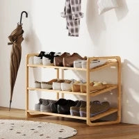 Scaffale Scarpiera a 3 Livelli per 12 Scarpe con Ripiani a Doghe in Bambù, 76x33x50.8 cm, Colore Legno