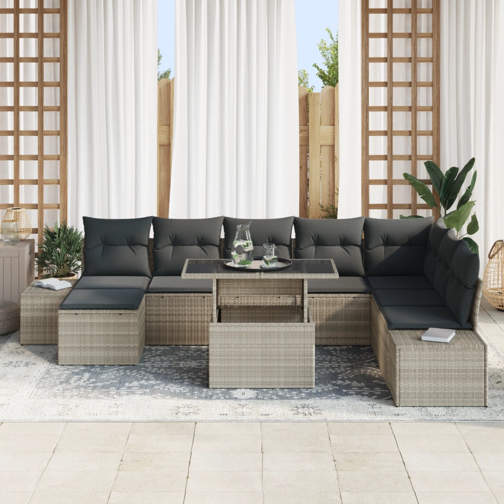 Set di divano da giardino 9 pezzi con cuscini grigio chiaro in polyrattan