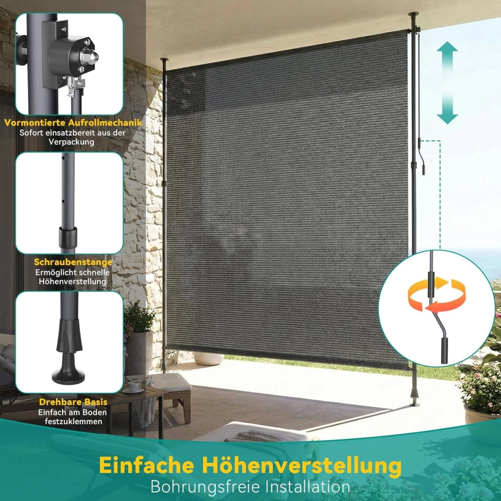 Tenda Verticale HDPE 200×310 cm Grigio, Tenda a Pinza Estensibile, Senza Forare, Privacy, Protezione Solare UV, Antivento, Resistente Alle Intemperie - per Balcone, Giardino, Terrazza
