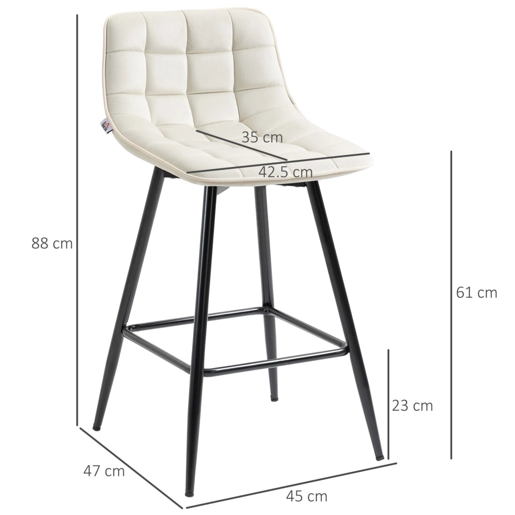 EasyComfort Set 2 Sgabelli da Bar con Schienale e Poggiapiedi in Stile Nordico in Metallo e Velluto, color Crema, 45x47x84 cm
