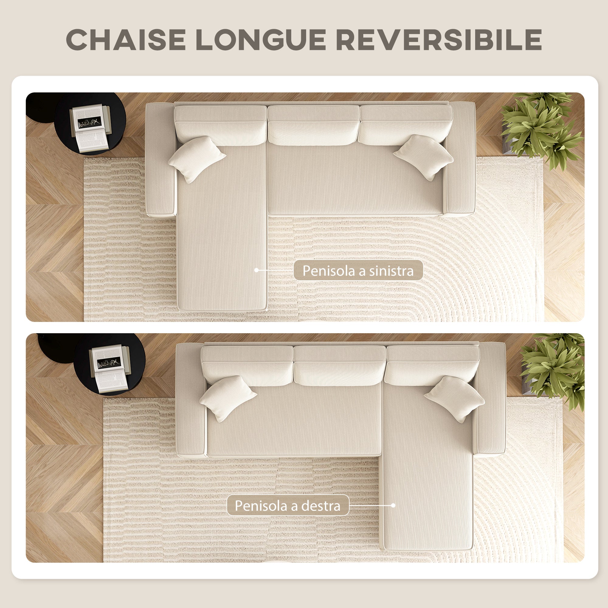 Divano con Penisola a 3 Posti 241x153x83 cm in Tessuto Effetto Velluto Bianco Crema