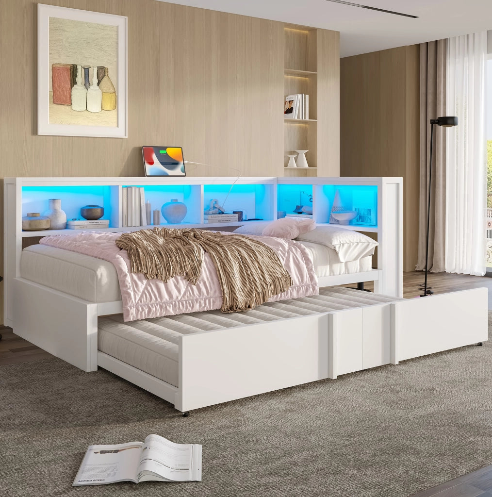 Letto da giorno in metallo e MDF 90x200 cm con letto estraibile; LED; USB e contenitori; bianco