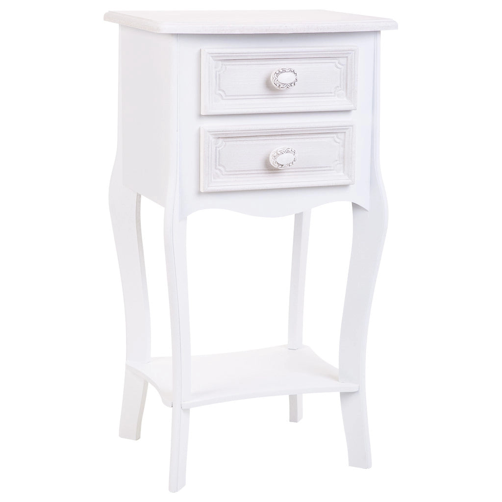 Comodino in legno con 2 cassetti e 1 ripiano bianco 38x31,5x71.