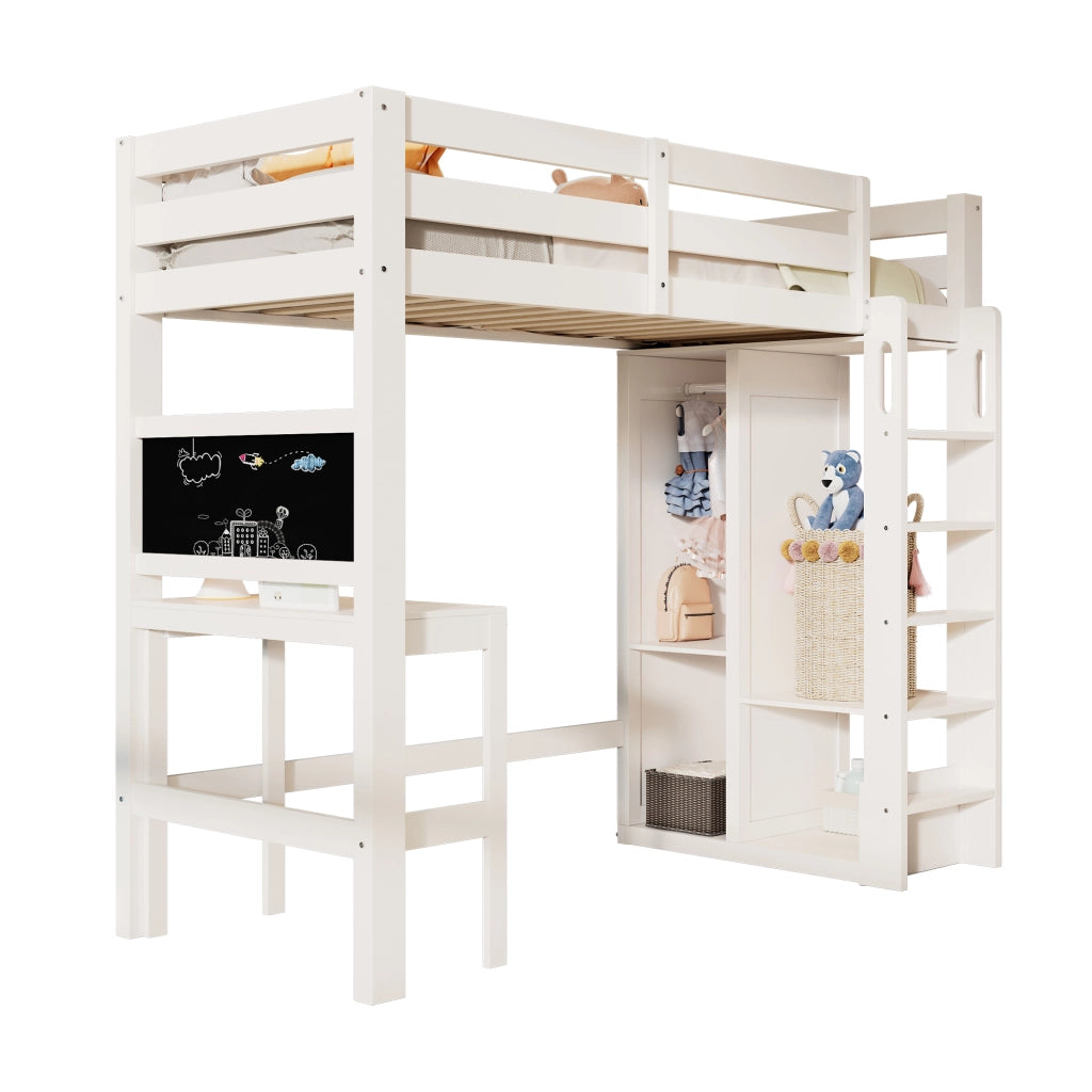 OKWISH Letto a Soppalco 90×200 cm, Letto Singolo con Scrivania, Lavagna e Armadio Aperto, senza Materasso, in Legno, Bianco