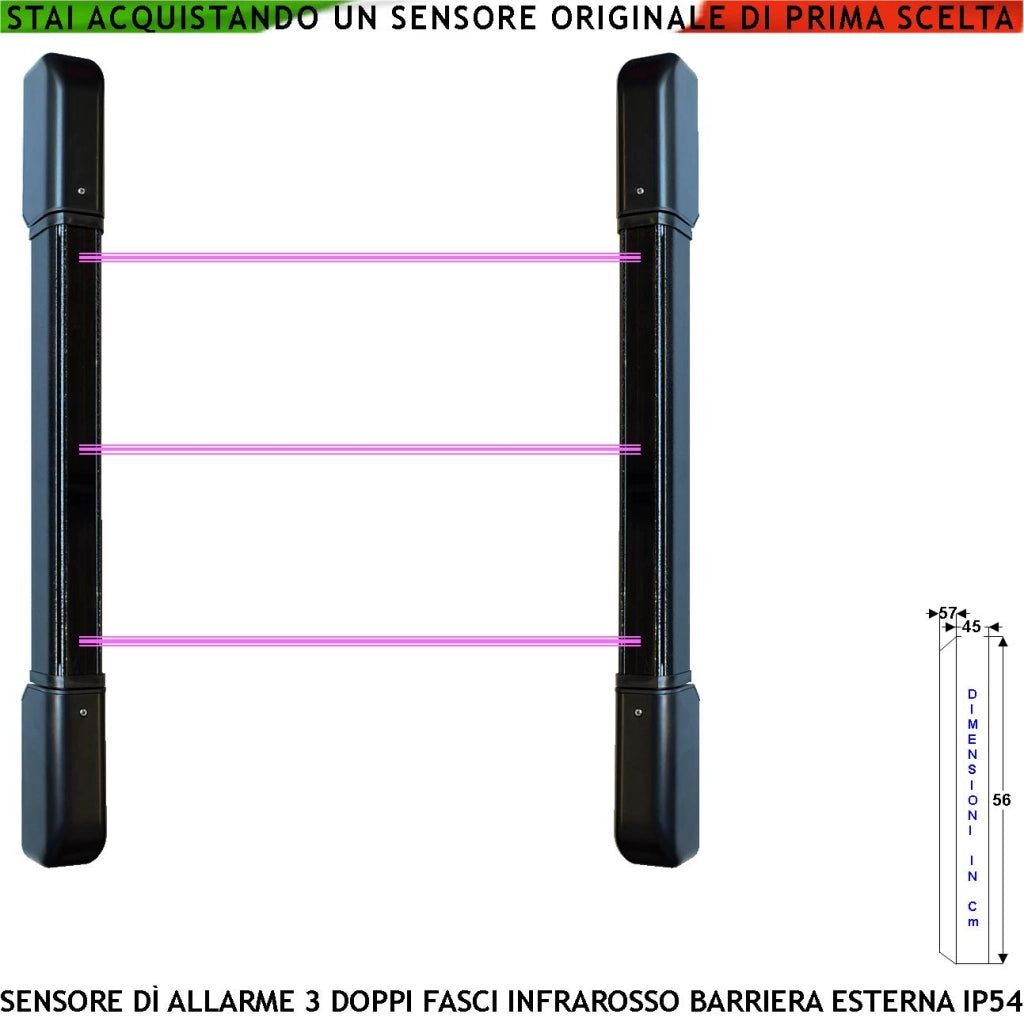 Barriera Antifurto 3 Multifasci Infrarossi Attivi Portata 100 MT Interno 50 MT Esterno H 56 Cm Allarme Estraneo Raggi Impostati Interratti Relè Libero Tamper Led e Cicalino Escludibili Aliment. 12 V