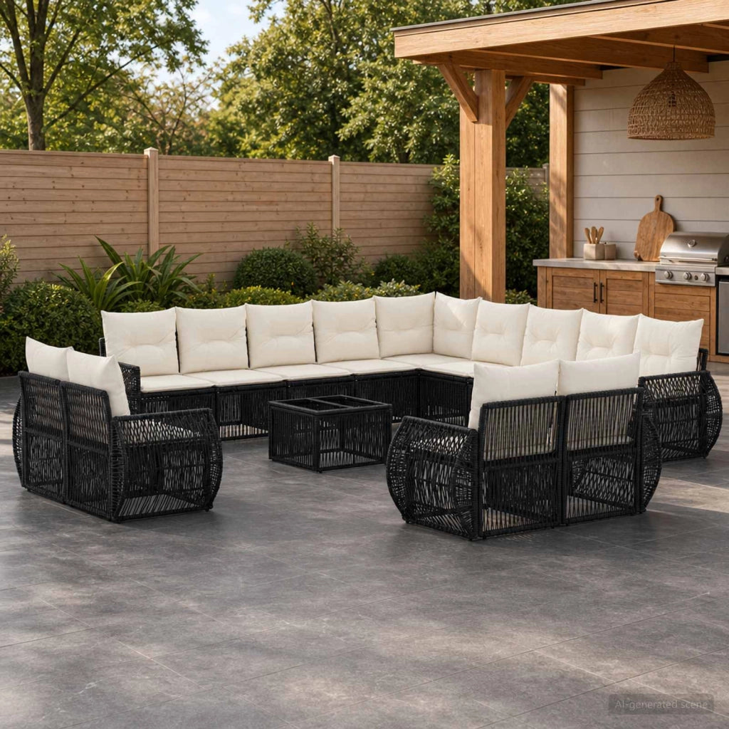 Set Divano da Giardino 14 pz Nero e Bianco Crema polyrattan 3435601