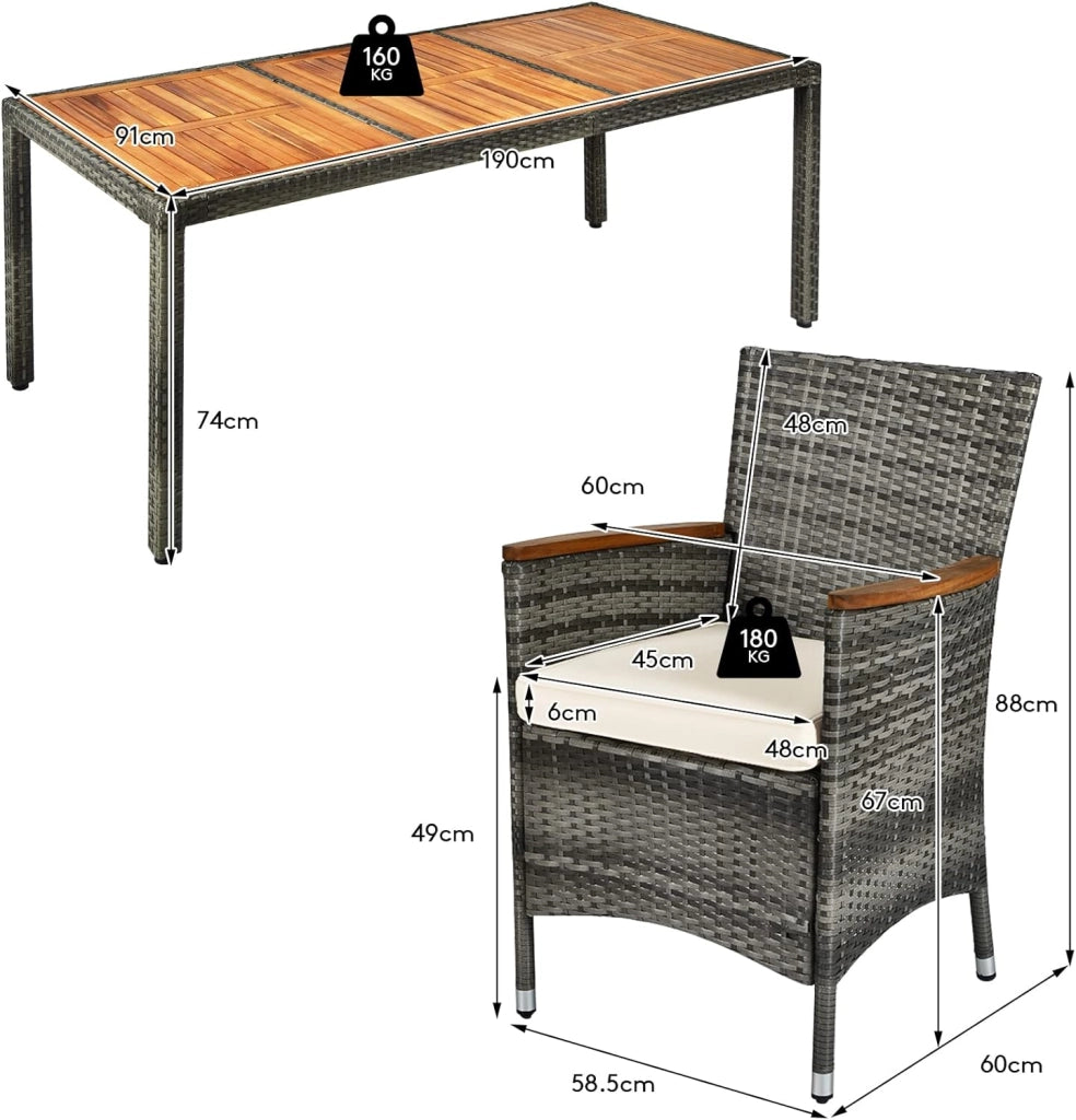 Tavolo e Sedie da Pranzo in PE Rattan, Set di Mobili in Rattan, Set di Mobili Composto da 9 Pezzi, con 8 Sedie e 1 Tavolo, per Interno e Esterno