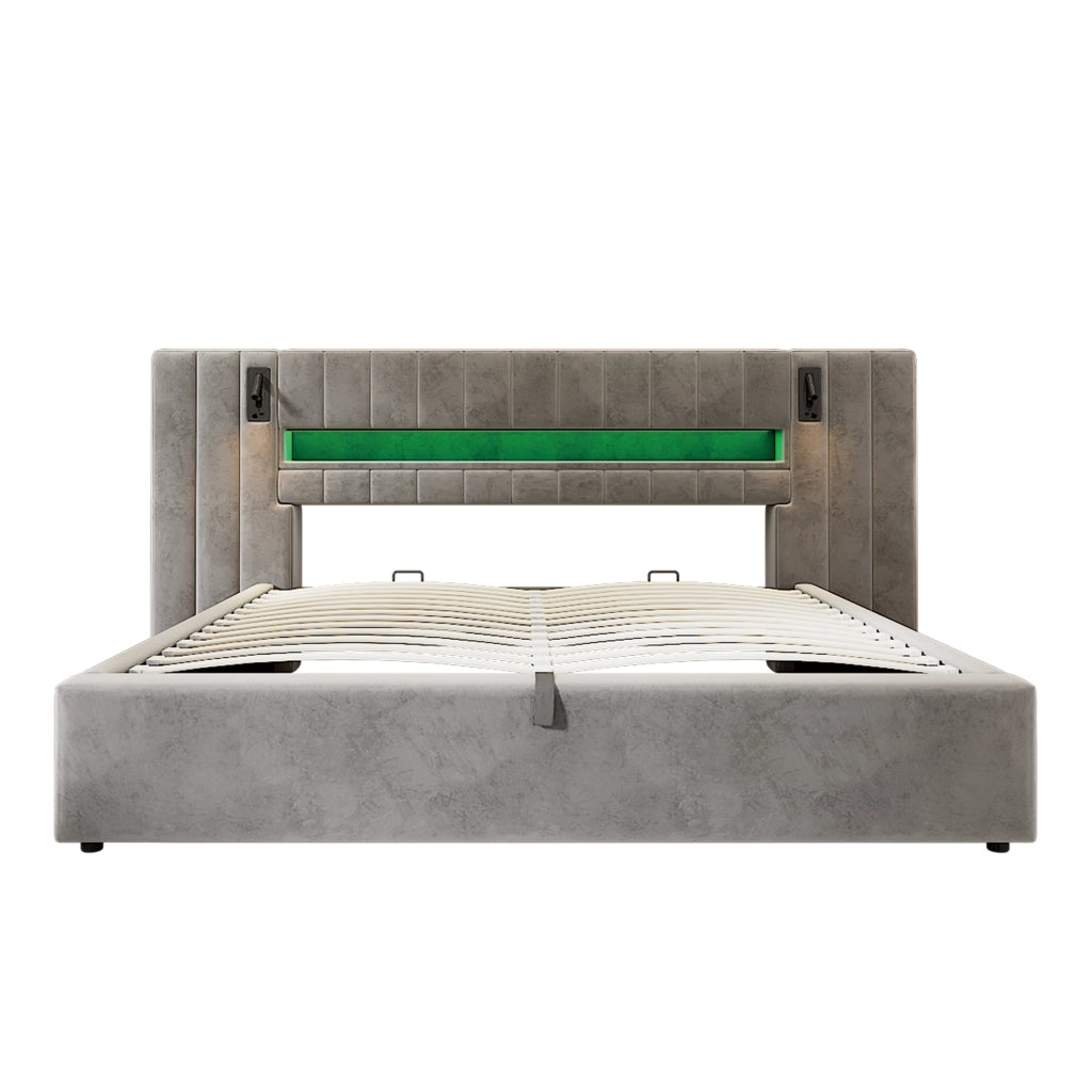 Letto imbottito 180 x 200 cm con USB, LED, lampada da comodino e contenitore, in velluto grigio