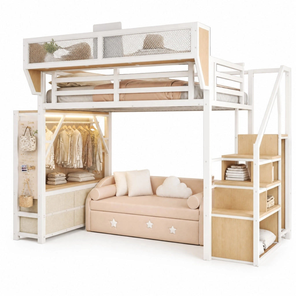 Letto a soppalco in metallo 140x200 cm con LED, ripiani, appendiabiti e cassetti in tessuto, Bianco
