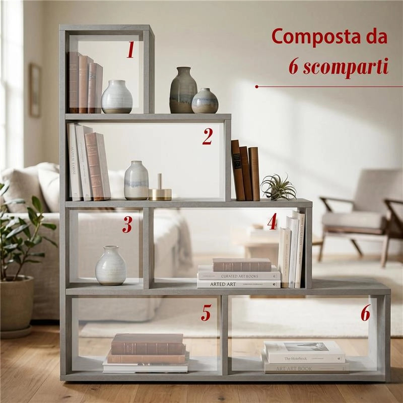 SCAFFALE A LIBRERIA DI DESIGN A SCALA L IN LEGNO DIMENSIONI 144X150X38 CM, COLORE CEMENTO