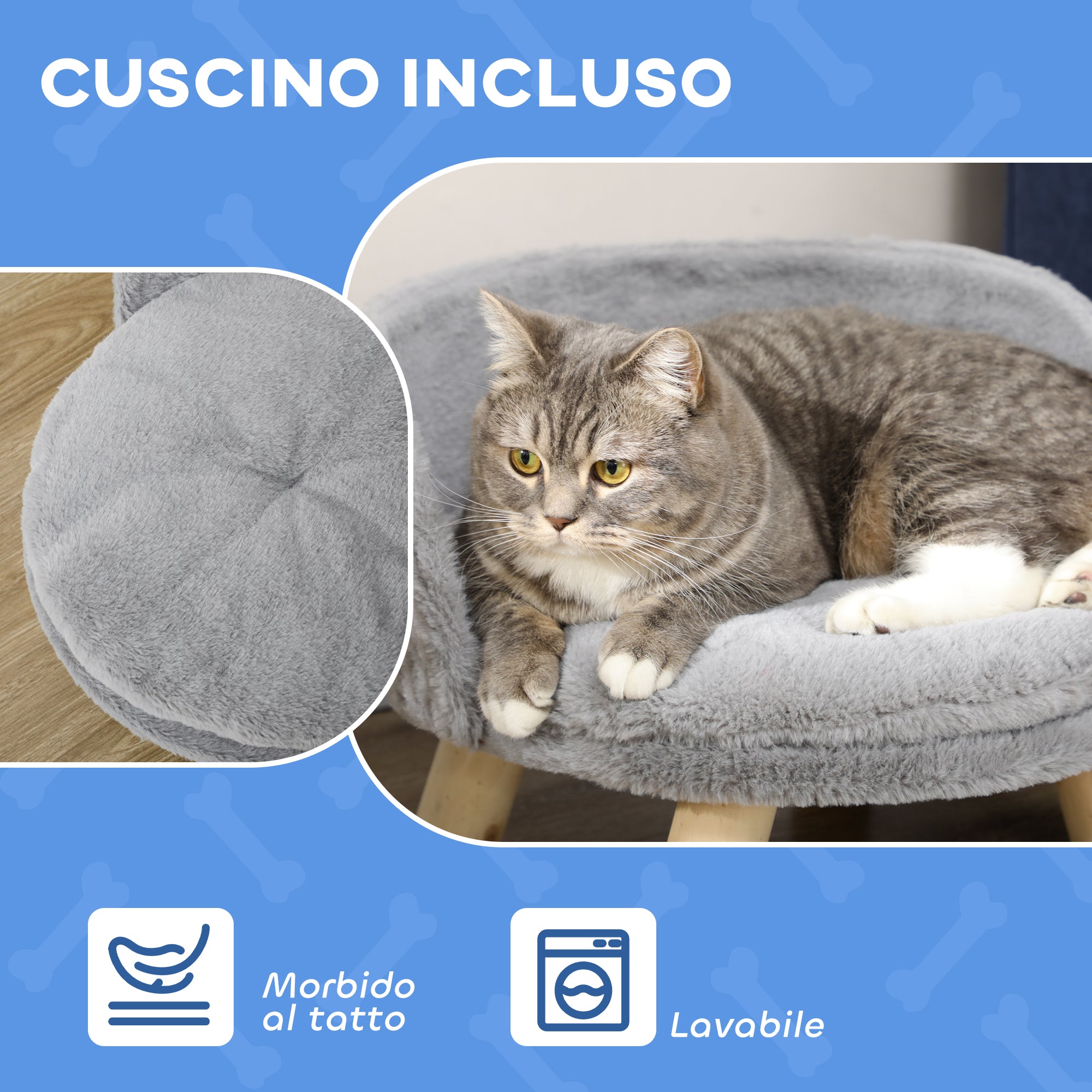 Divano per Cani e Gatti Rotondo con Cuscino in Tessuto di Peluche e Legno Ø40,5x33 cm Grigio