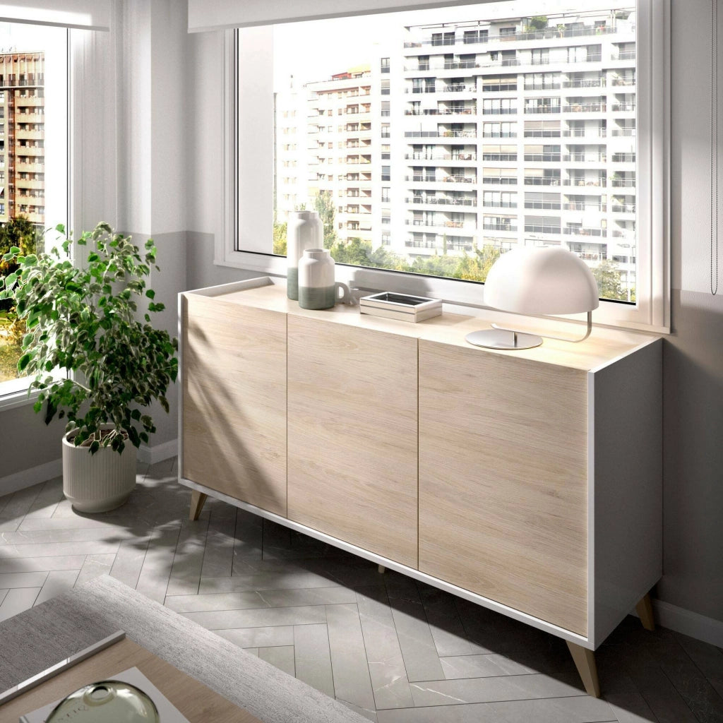 Credenza Afrodite, Buffet da soggiorno, Madia moderna da salotto a 3 ante, 155x43h75 cm, Rovere e Bianco