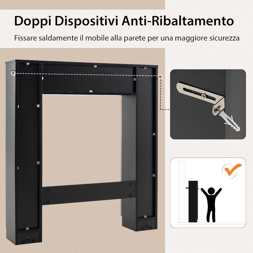 Scaffale Sopra WC 87.5x18x98cm, Mobile per Bagno con Doppia Anta, 2 Scomparti Aperti e 4 Ripiani Regolabili, Armadietto Salvaspazio da Terra per Bagno Lavanderia (Nero)