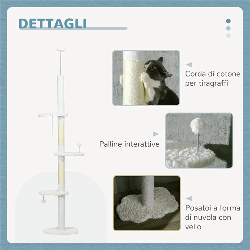 ALBERO PER GATTI A SOFFITTO CON ALTEZZA REGOLABILE E PALI TIRAGRAFFI IN COTONE 48X32X225-255 CM BIANCO