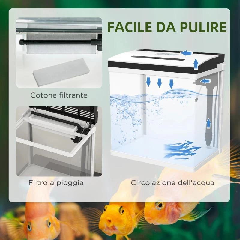 ACQUARIO 28L A ILLUMINAZIONE LED CON FORI DI VENTILAZIONE E POMPA, IN VETRO E ABS, 38X26X38CM