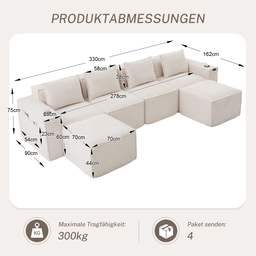 DIVANO modulare 4 posti 330x162x75 cm in corduroy beige con 2 sgabelli