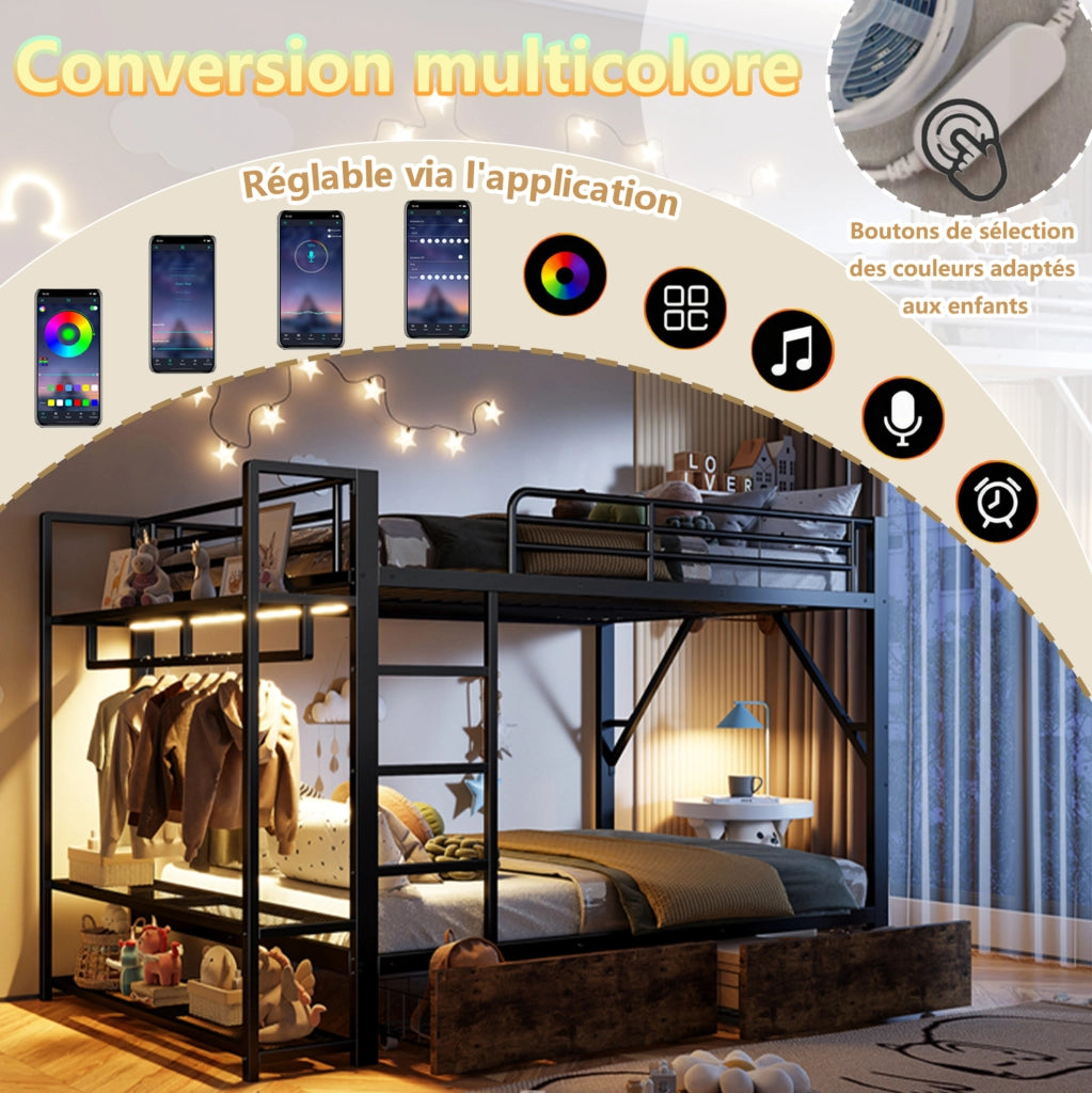Letto a castello 140x200 cm con LED e 2 cassetti