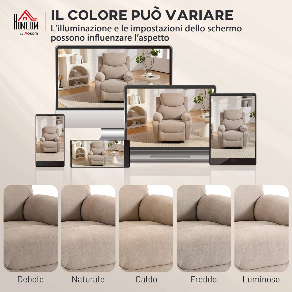 Poltrona Reclinabile Manuale Cuscino Spesso Braccioli Imbottiti e Poggiapiedi in Tessuto Beige