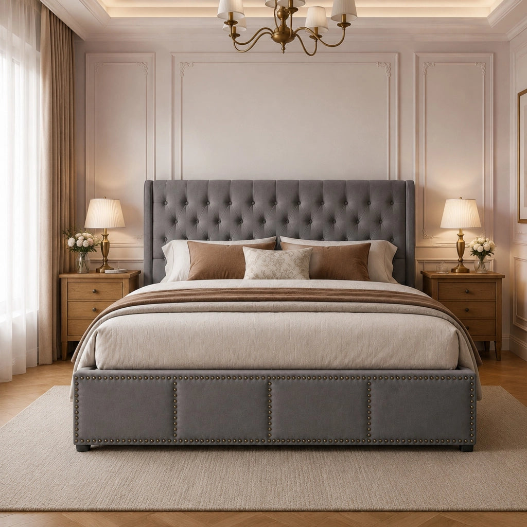 Letto imbottito 140x190 cm in velluto grigio con contenitore, rete a doghe, senza materasso