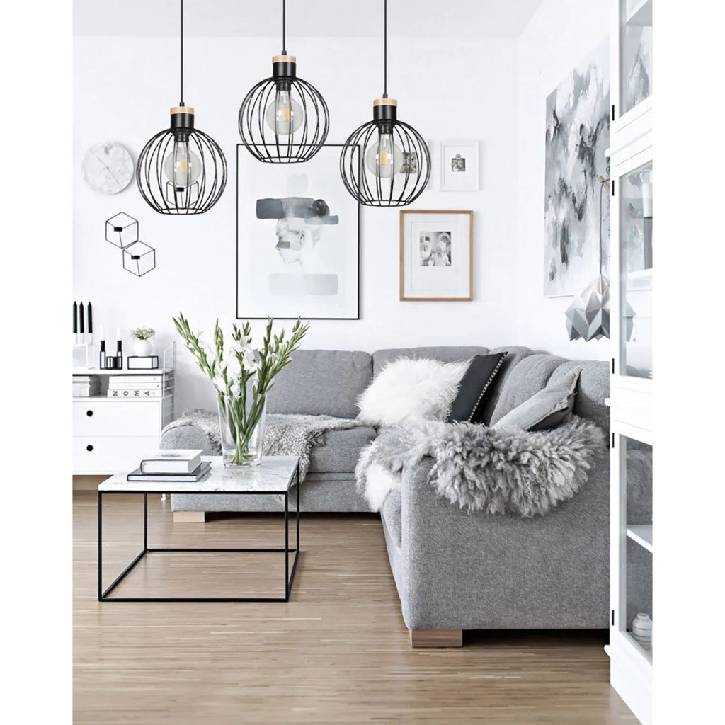 Lampadario 3 Luci Morgana Paralumi A Gabbia In Acciaio Nero E Legno Naturale