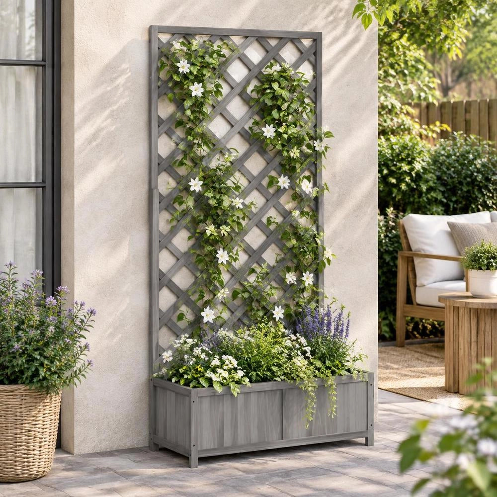 Plant Pot With Trellis Gray Solid Fir Wood