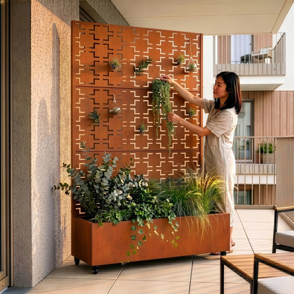 Fioriera con Spalliera Aaskis a Rotelle in Acciaio Corten 190 x 120 x 38 cm - Marrone Ossidato casa.pro