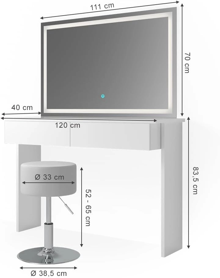 Tavolo da toeletta Azur, Bianco, 120 cm con specchio e sgabello a LED, Due cassetti scorrevoli per organizzare subito palette, pennelli e gioielli