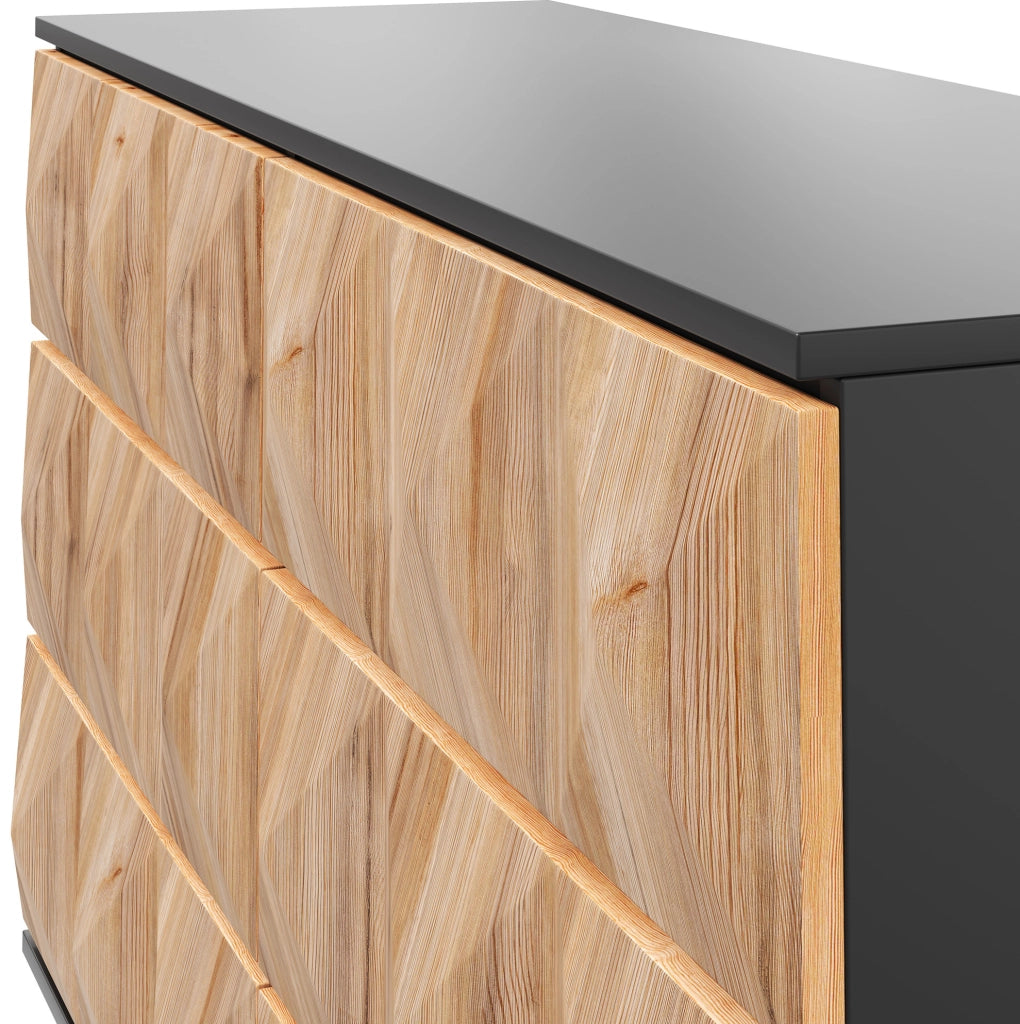 Sideboard 120x40x85 cm con 6 cassetti; finitura moderna in MDF e truciolare nero e naturale