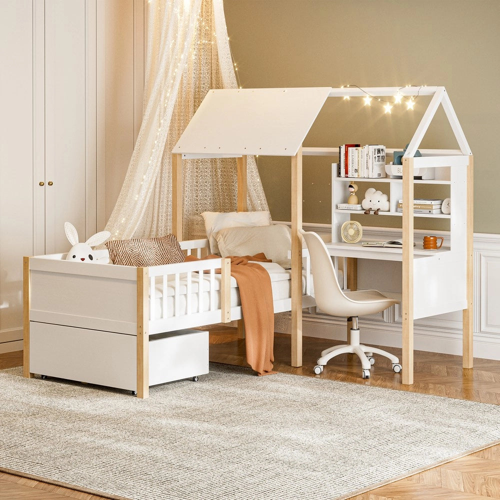 Letto Casetta Bambini con Scrivania e Libreria ¨C MINIMAL ¨C Massello Bianco 90x200