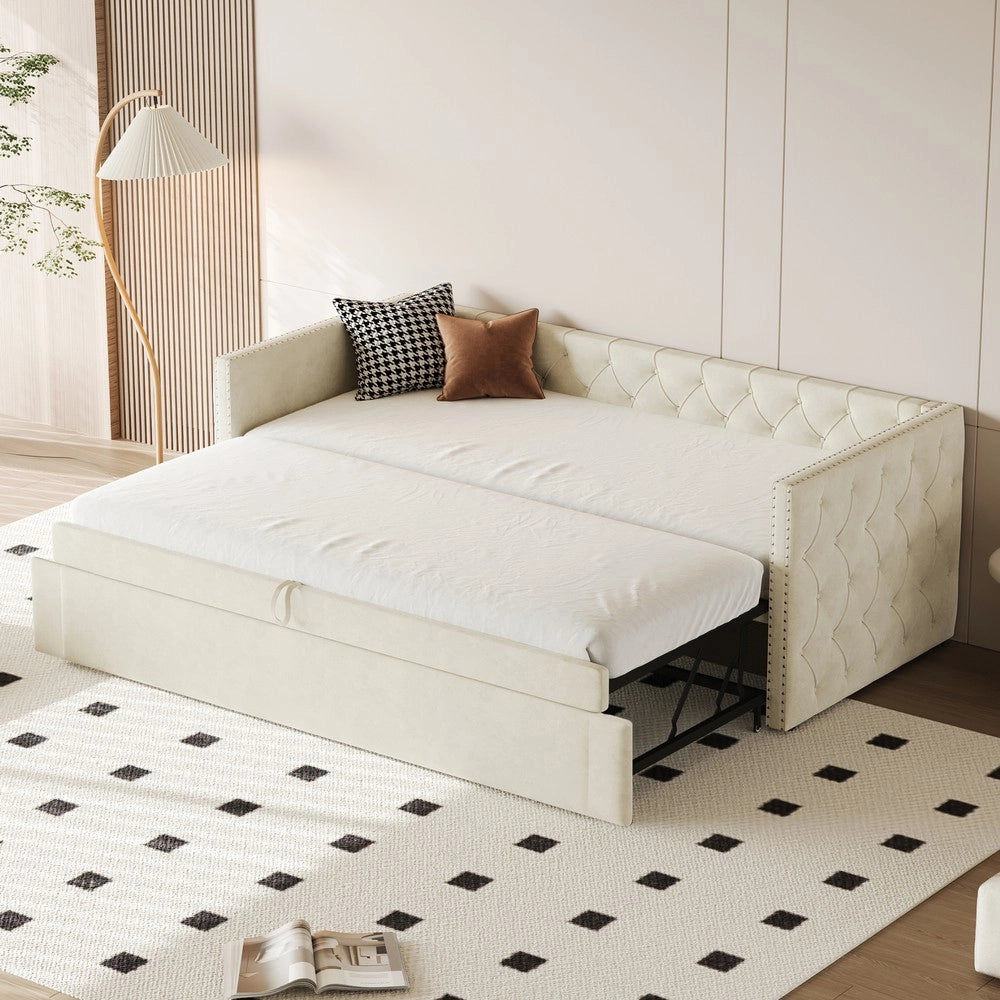 Letto Imbottito Estraibile con Rete a Doghe ¨C MINIMAL ¨C Velluto Beige 90x200