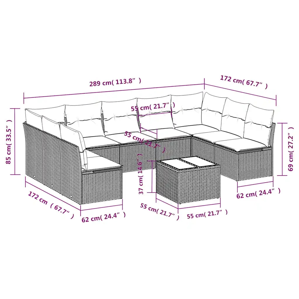 Set Divani da Giardino 10pz con Cuscini in Polyrattan Marrone