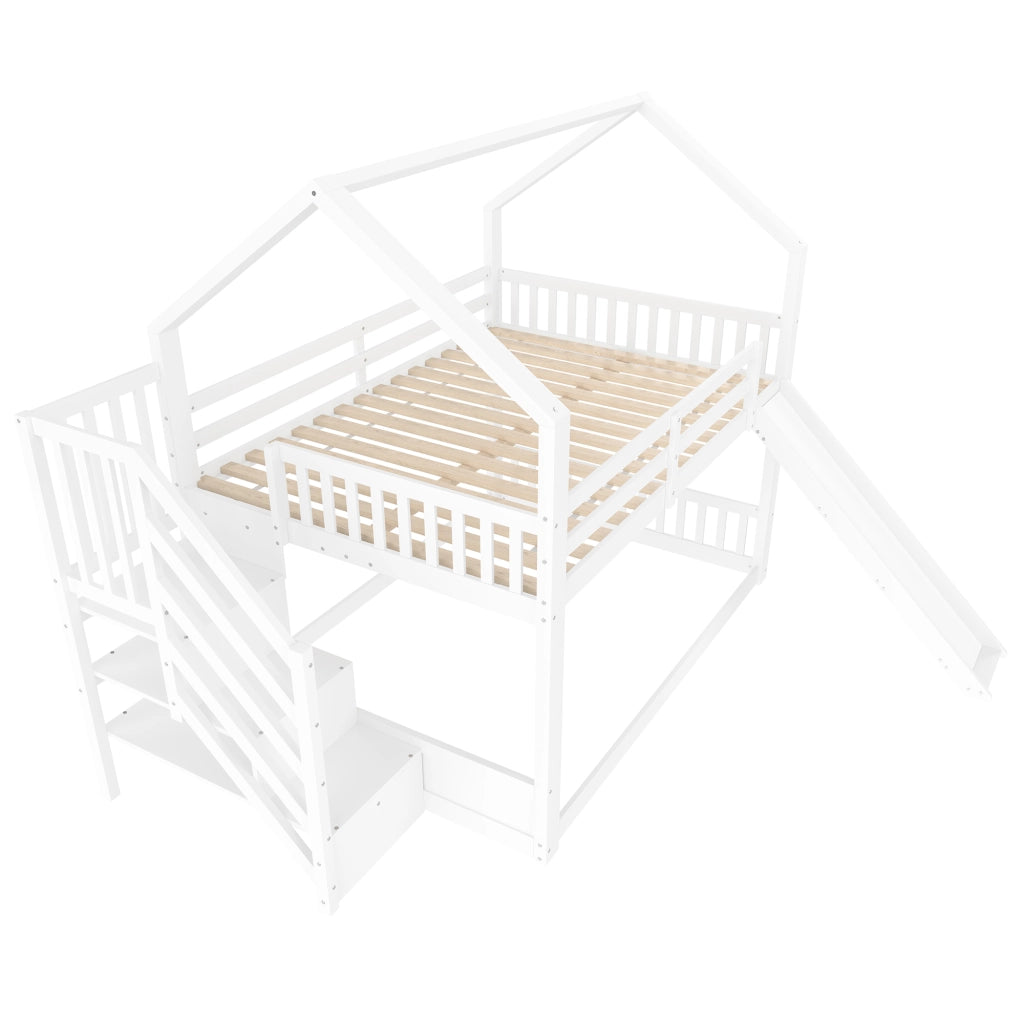 Letto a Soppalco Letto Matrimoniale con Scala Contenitore; Scivolo e Sponde 140×200 cm; senza Materasso; Bianco