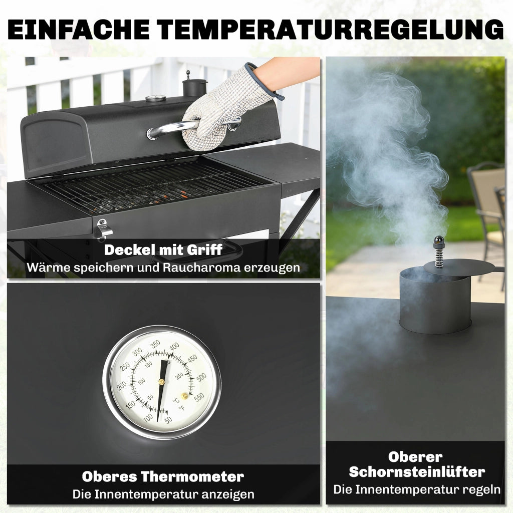 Barbecue Smoker con Coperchio e 2 Tavolini ¨C zephmum ¨C Grigio, Acciaio, 120x80x110 cm