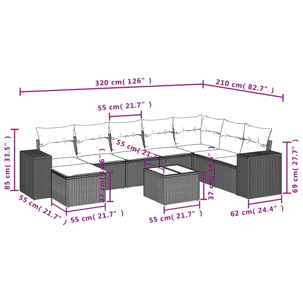 Set Divano da Giardino 9 pz con Cuscini Grigio in Polyrattan