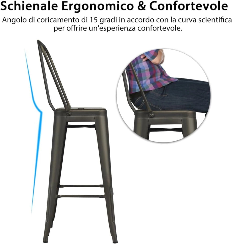 Sedie in Metallo da 76 cm, Set di 4 Sedie da Bar, Sedie in Metallo con Schienale Rimovibile, Sedie da Bar Laterali, per Interni ed Esterni