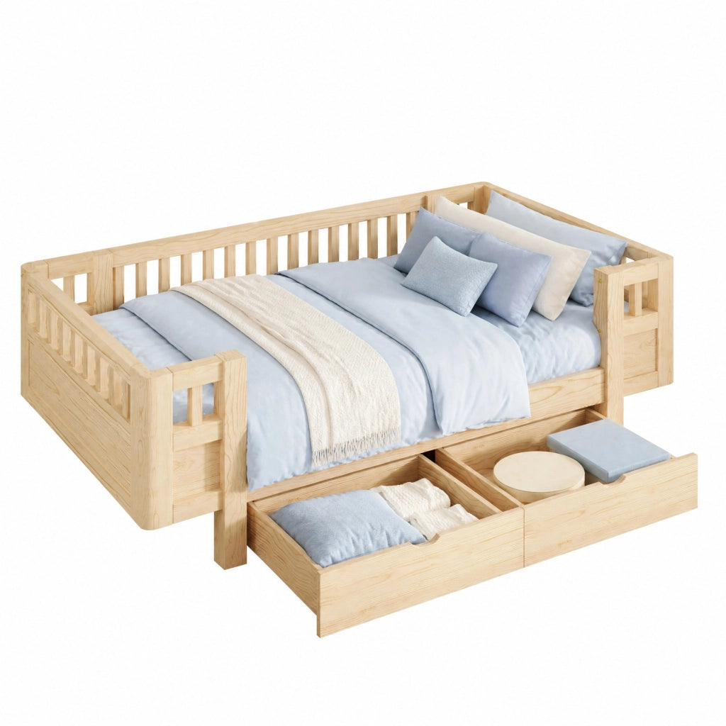 Letto singolo 90x200 in pino con sponde e 2 cassetti