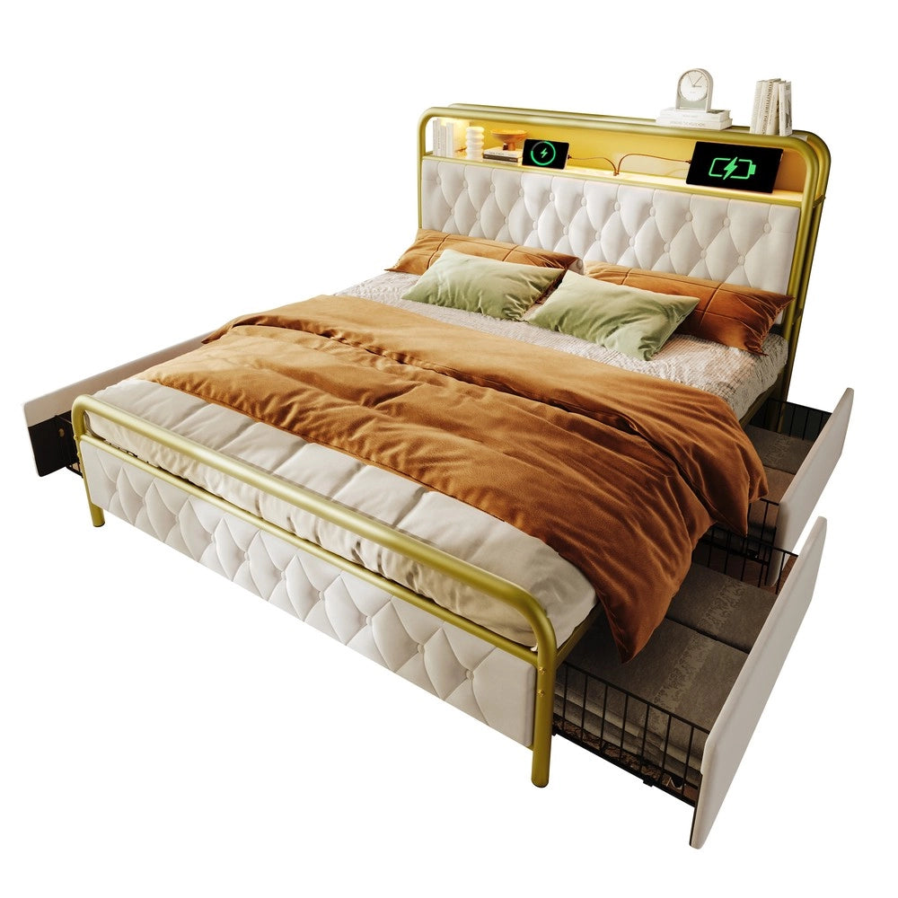 Letto Imbottito Matrimoniale con Cassetti e LED ¨C MINIMAL ¨C Velluto 140x200