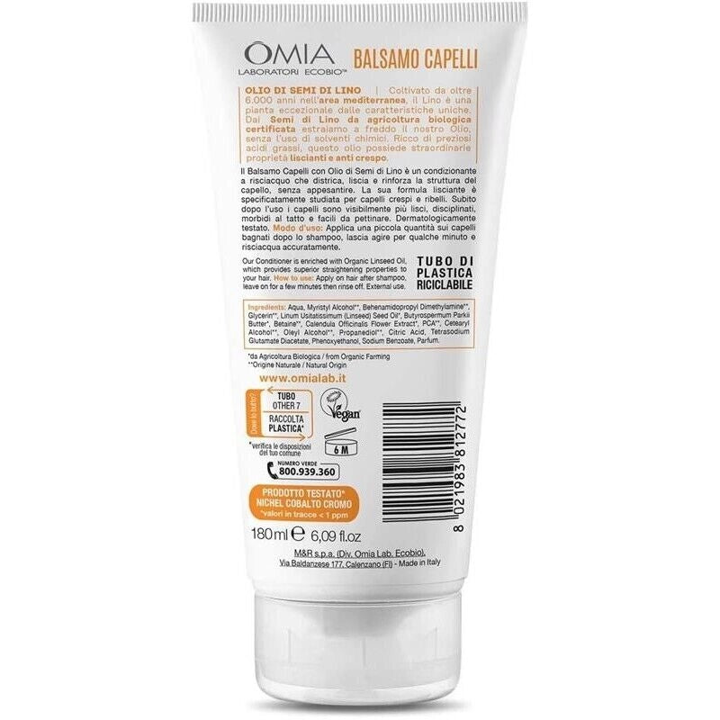 OMIA BALSAMO CAPELLI ECO BIO CON OLIO DI SEMI DI LINO PER CAPELLI CRESPI LISCIANTE E DISCIPLINANTE DA 180 ML
