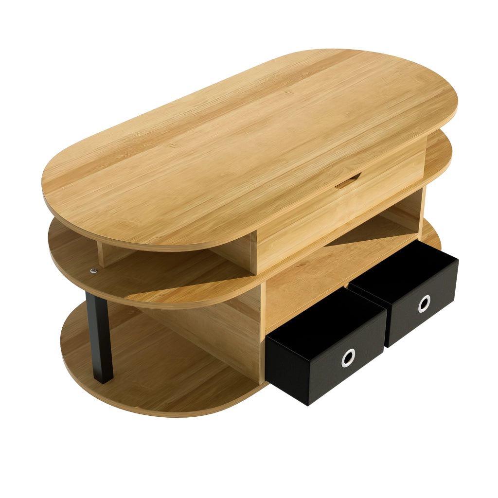 OKWISH Tavolino da Salotto Rettangolare con Piano Sollevabile, 2 Cassetti in Tessuto e Vano, Nero e Legno, 105 x 50 x 45/60 cm