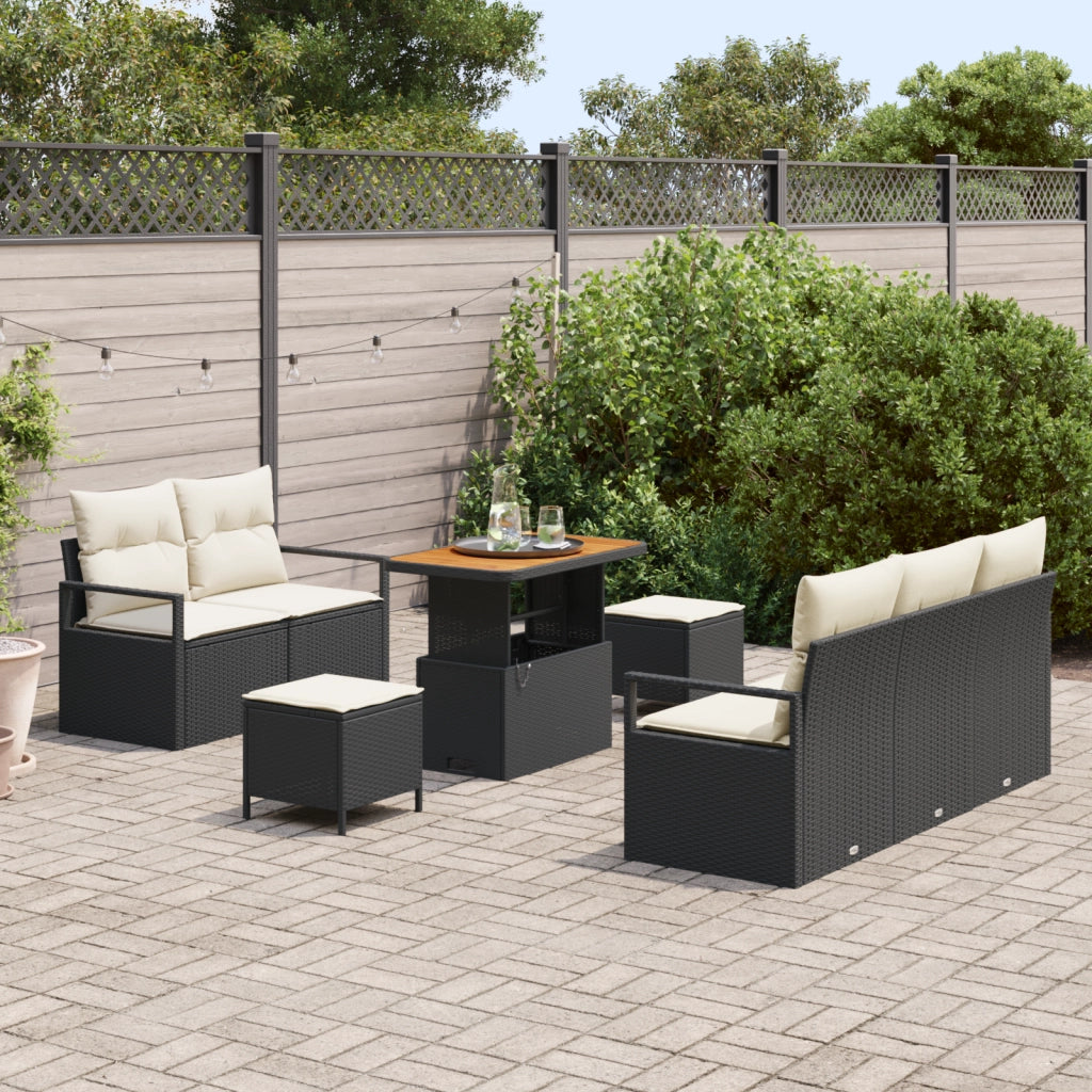 Set Divano da Giardino a 8 Pezzi con Cuscini Nero Rattan Poliestere