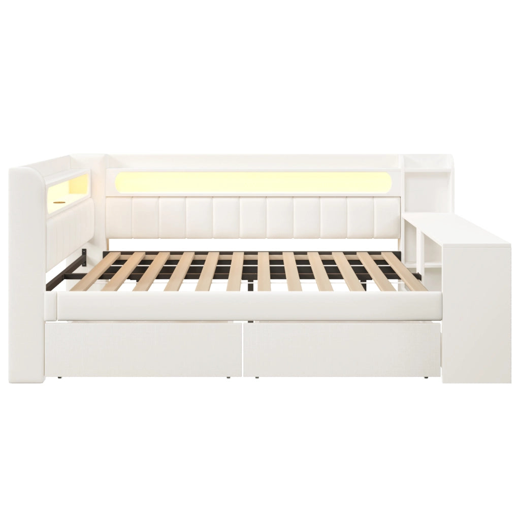 Letto da giorno imbottito 140x200 cm con scrivania; LED; USB e 2 cassetti; bianco
