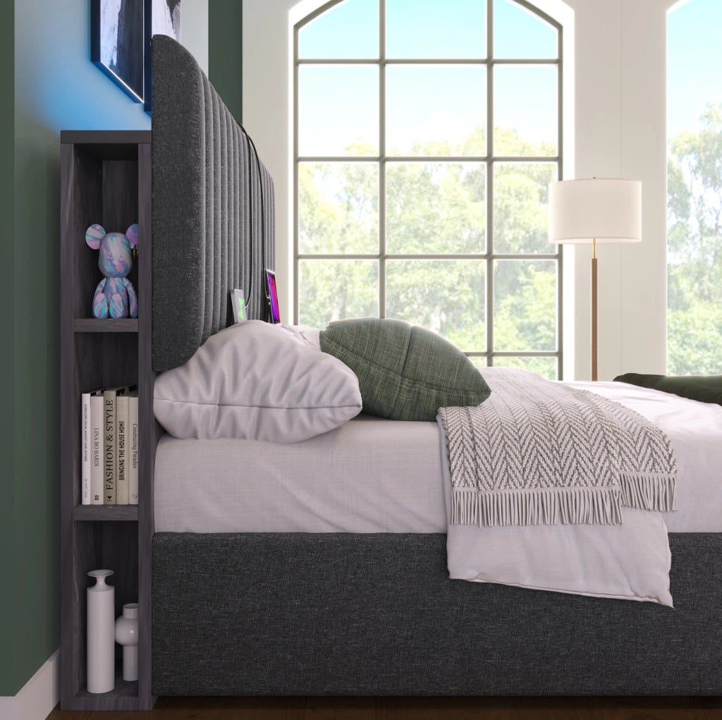 Letto matrimoniale con LED, USB e contenitore integrato