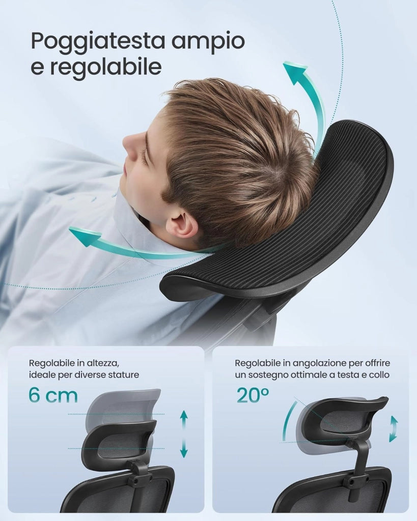 SONGMICS Sedia Ergonomica da Ufficio, Sedia Computer, Tessuto Rete a Doppio Strato, Braccioli Sollevabili, Supporto Lombare Adattabile, Poggiatesta Regolabile, per Studio, Nero Inchiostro OBN041B01