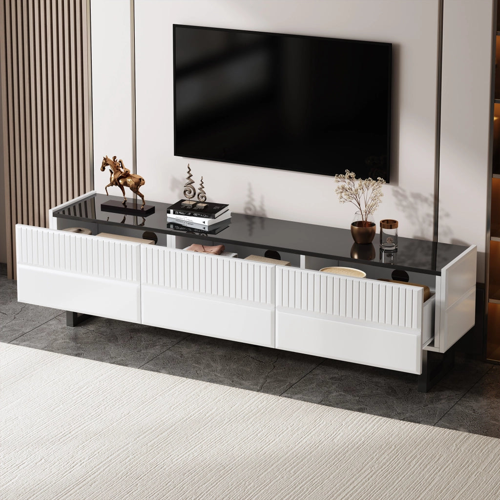 Mobile TV con 3 Cassetti e Piedini in Ferro; Piano Lucido; Stile Minimalista; 170??35??47 cm; Nero e Bianco