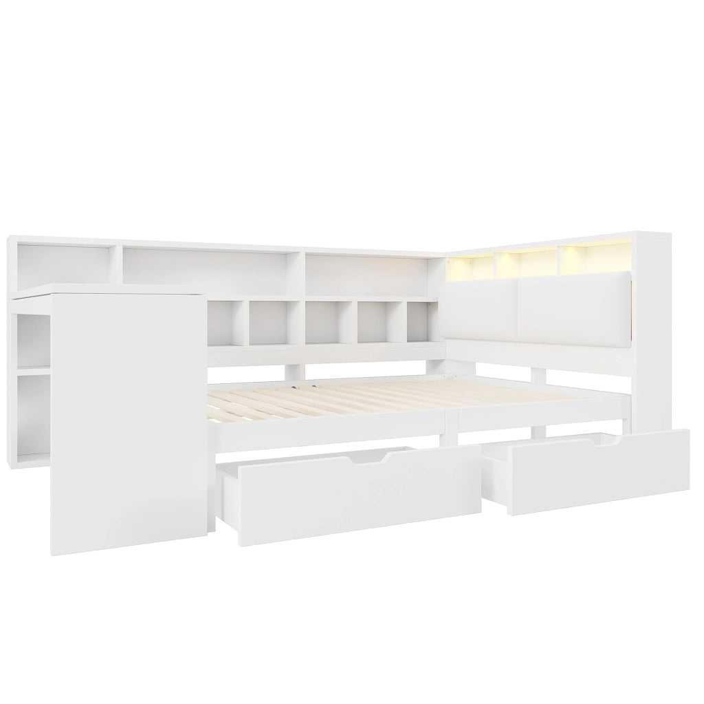 Letto angolare 140x200 bianco con scrivania, libreria, LED e cassetti