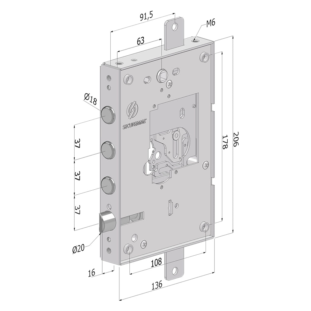 SERRATURA DA APPLICARE TRIPLICE PER PORTE BLINDATE SENZA NUCLEO '250' interasse pistoni 37 mm  - SX  - SECUREMME