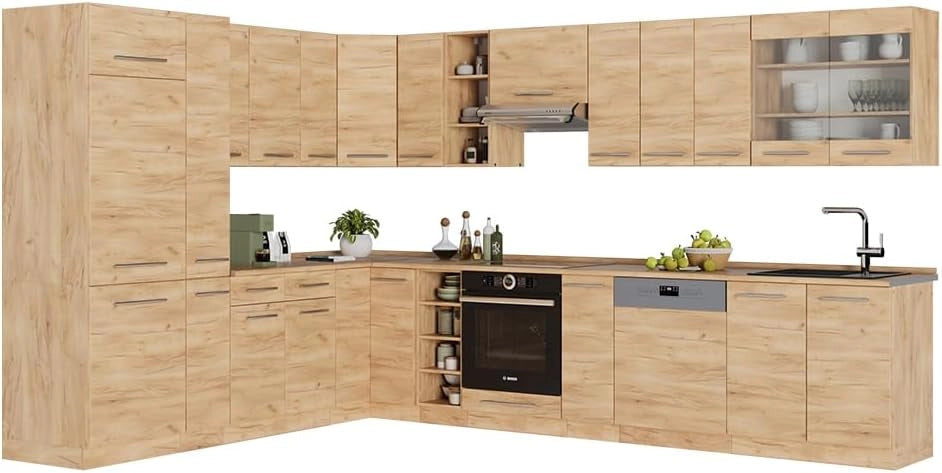 Cucina angolare completa Fame-Line, Quercia dorata, 347 x 60 cm, PL Marmo, per l'espansione personalizzata con moduli aggiuntivi compatibili