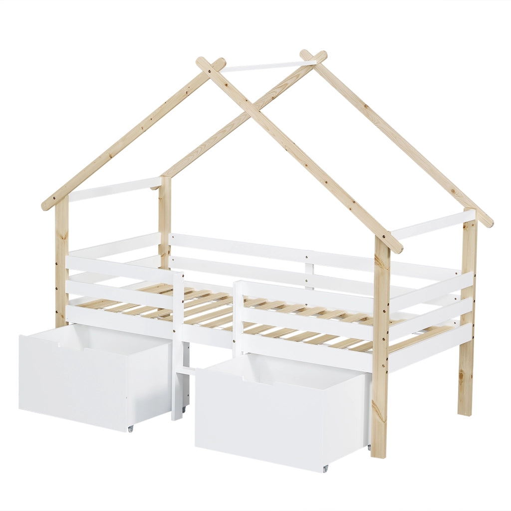 Letto Casetta per Bambini con Tetto e Scala ¨C MINIMAL ¨C Pino+MDF Bianco+Naturale 90x200