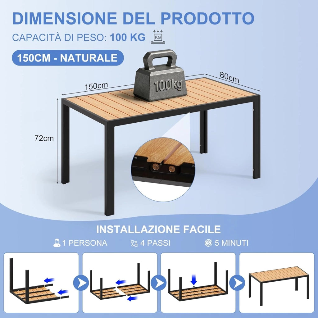 Tavolo da Giardino HDPS Resistente alle Intemperie, 150 x 80 x 74 cm Tavolino da Esterno Finitura a Vena di Legno e Facile da Manutenzionare, Tavolo da Pranzo Esterno per 4 a 6 Persone,Naturale