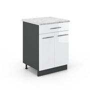 Mobiletto base per cucina Fame-Line Bianco lucido/Antracite 60 cm con cassetto, PL Marmo Vicco